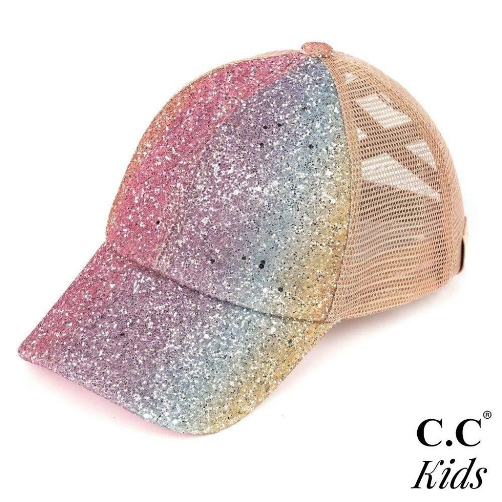 KIDS Ombre Glitter Criss-Cross High PonyTail Cap with Mesh Back Mermaid